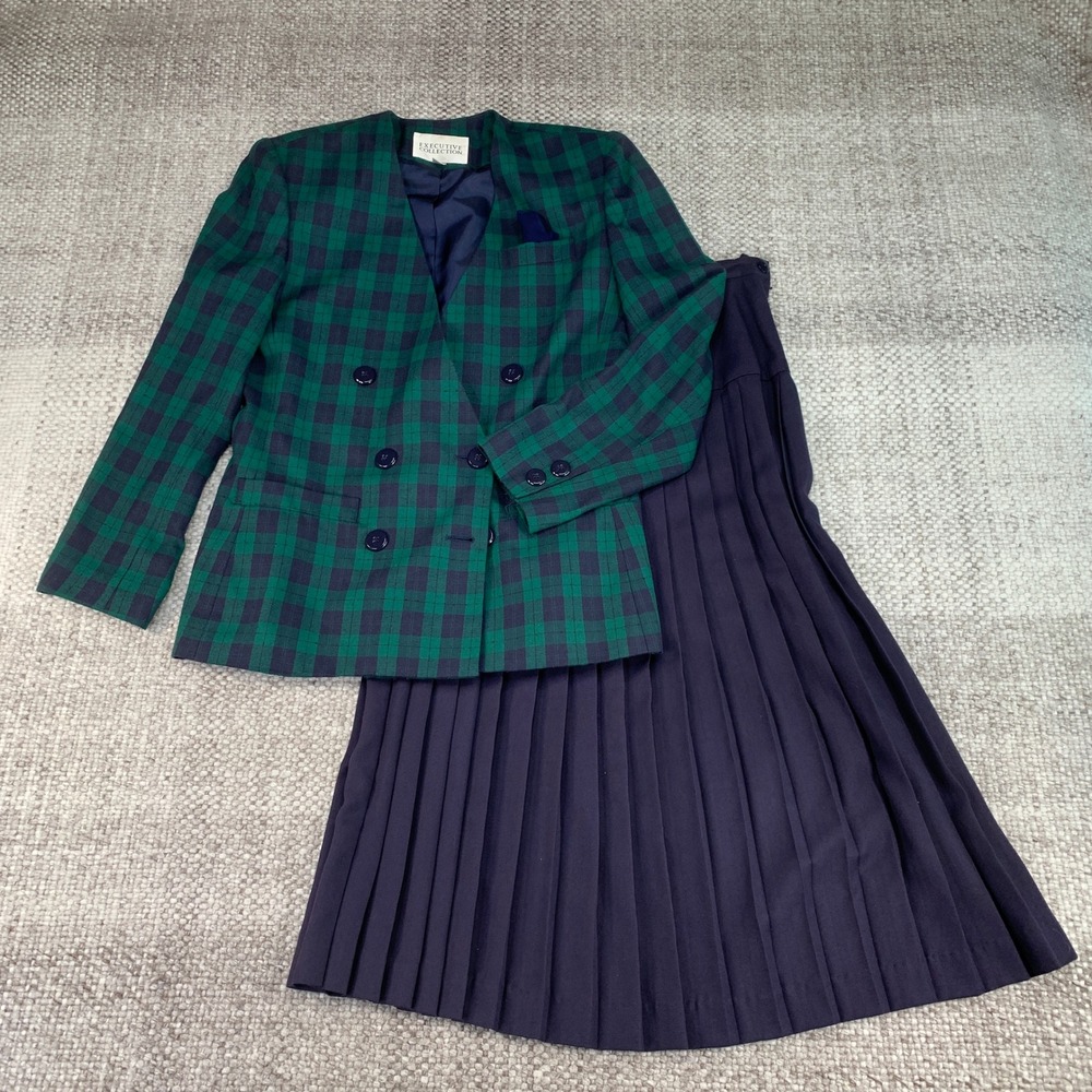 Executive Collection Skirt Suit Womens 10 Green Navy Plaid Blazer Pleated Skirt